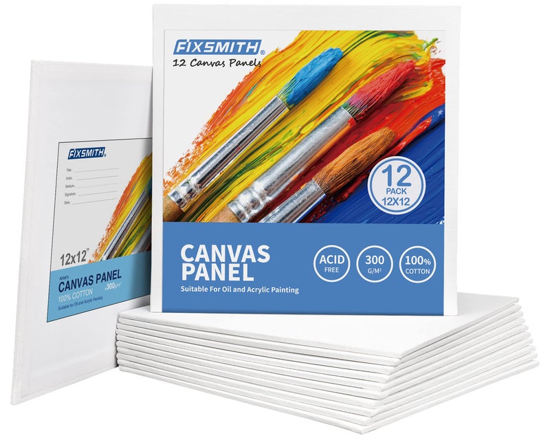 FIXSMITH Canvas Boards for Painting 12x12 Inch, Super Value 12 Pack White Blank Canvas Panels, 100% Cotton Primed, Painting Art Supplies for Professionals, Hobby Painters, Students & Kids - Image 1